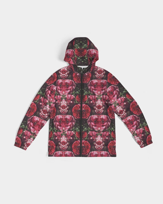 Floralis No 25 men’s black zip-up windbreaker with bold deep red rose pattern and green accents