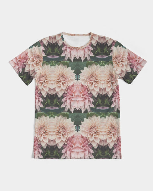 Floralis No 26 men’s short-sleeved t-shirt with symmetrical pink and cream dahlia print on dark green fabric