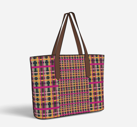 Fuchsia Plaid Vegan Leather Tote