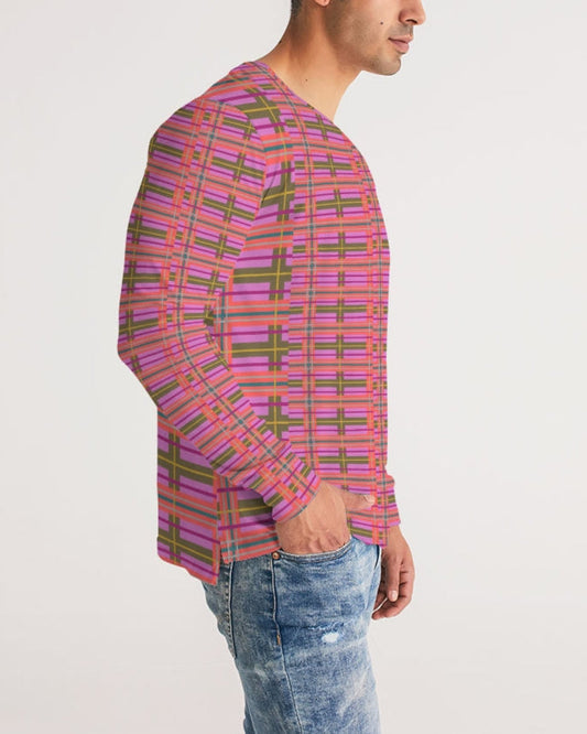 A vibrant pink plaid men’s long sleeve tee with bold purple and green patterns perfect for casual wear