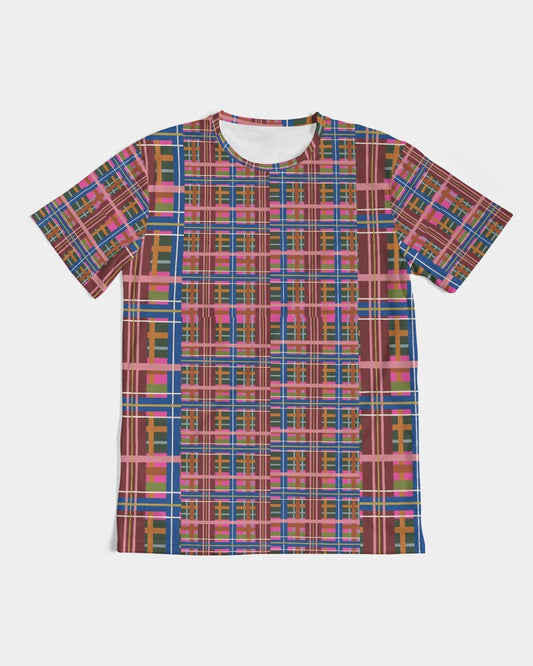 A vibrant pinky blue plaid men’s short sleeved t-shirt with bold multicolored intersecting stripes