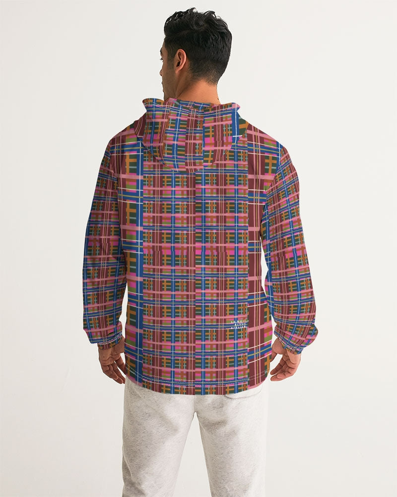 A vibrant pinky blue plaid men’s windbreaker with a bold geometric pattern and long sleeves with a hood