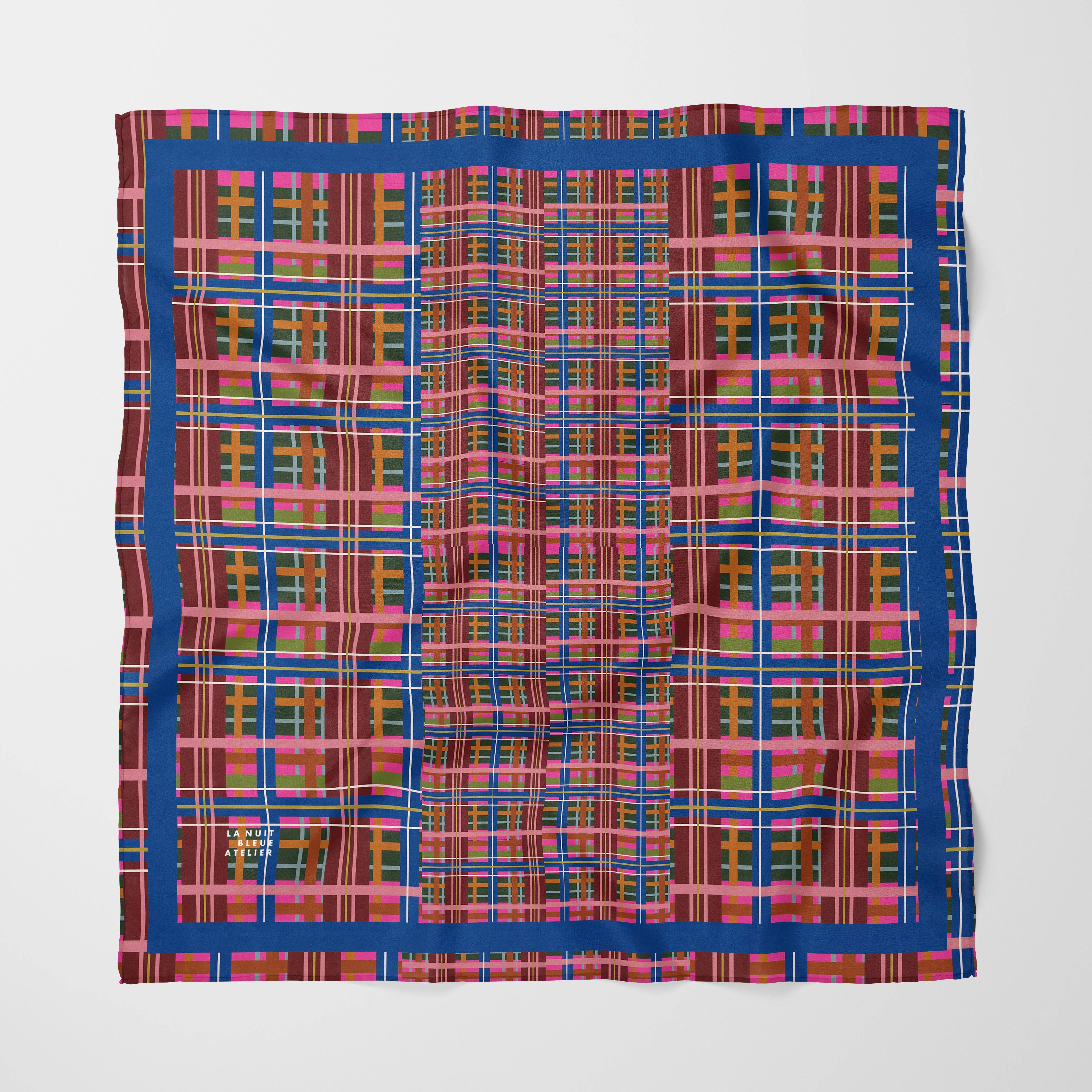 Pinky Blue Plaid Chiffon Square Scarf with Blue Accent