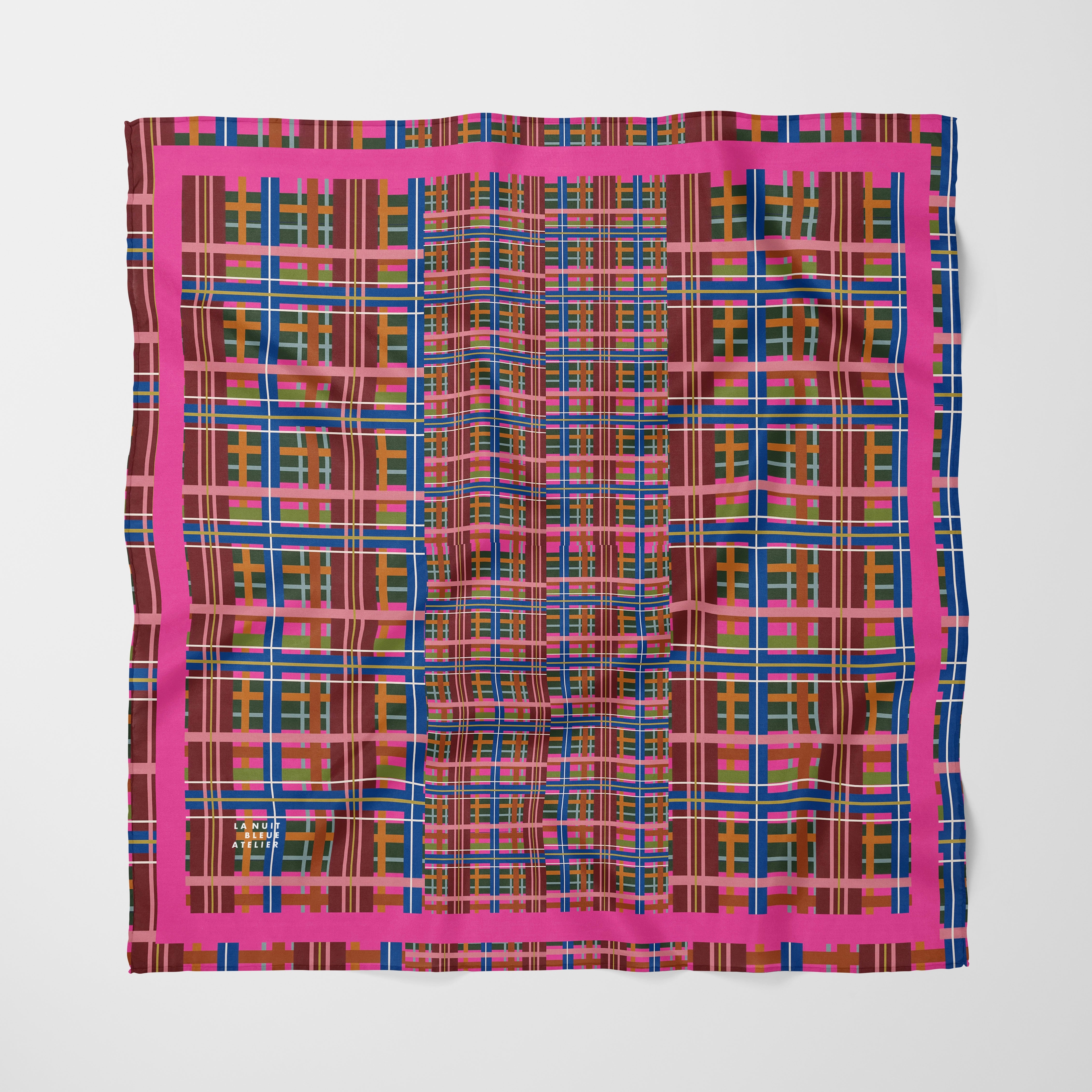 Pinky Blue Plaid Chiffon Square Scarf with Bright Pink Accent