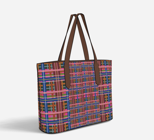 Pinky Blue Plaid Vegan Leather Tote