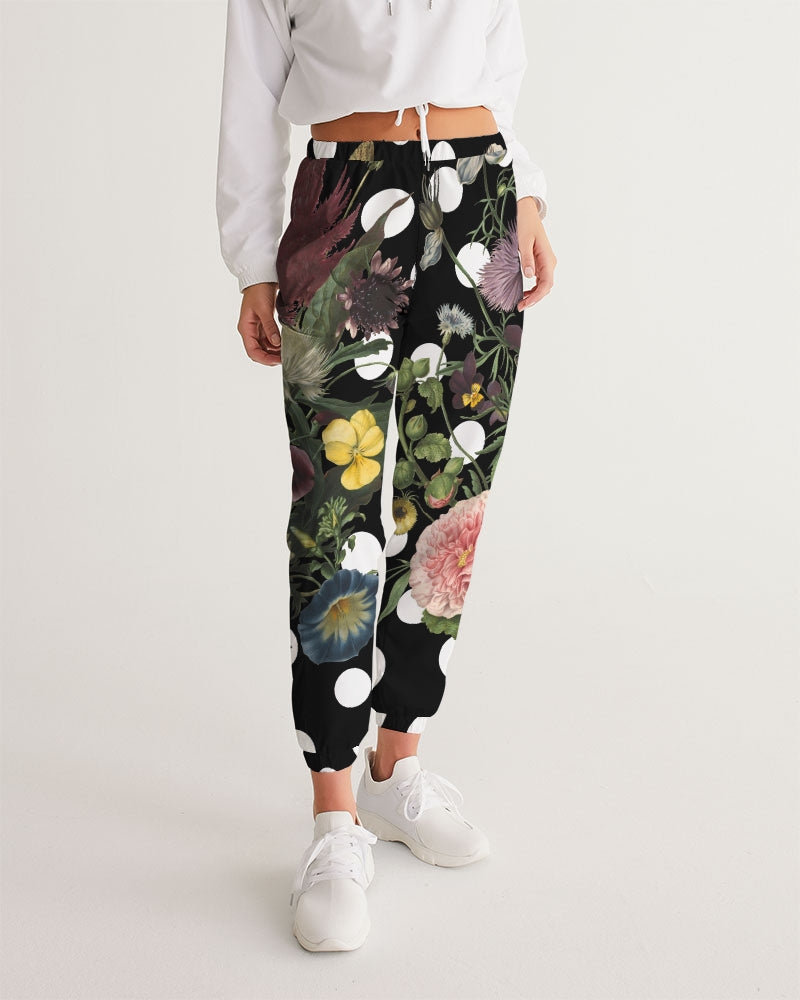 women wearing cool track pants with florals and polka dots