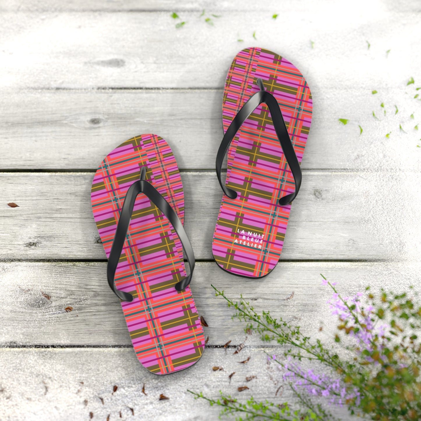 Pink Plaid Flip Flops