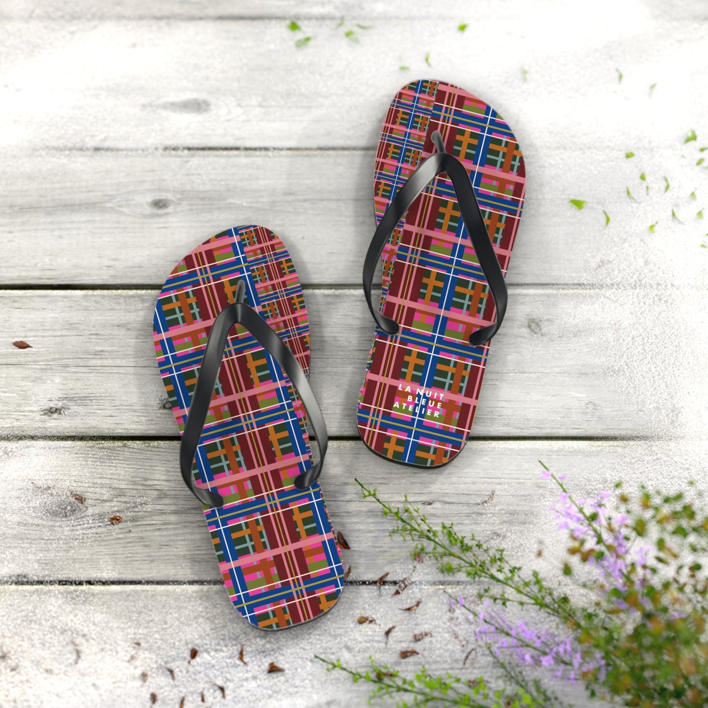 Pinky Blue Plaid Flip Flops