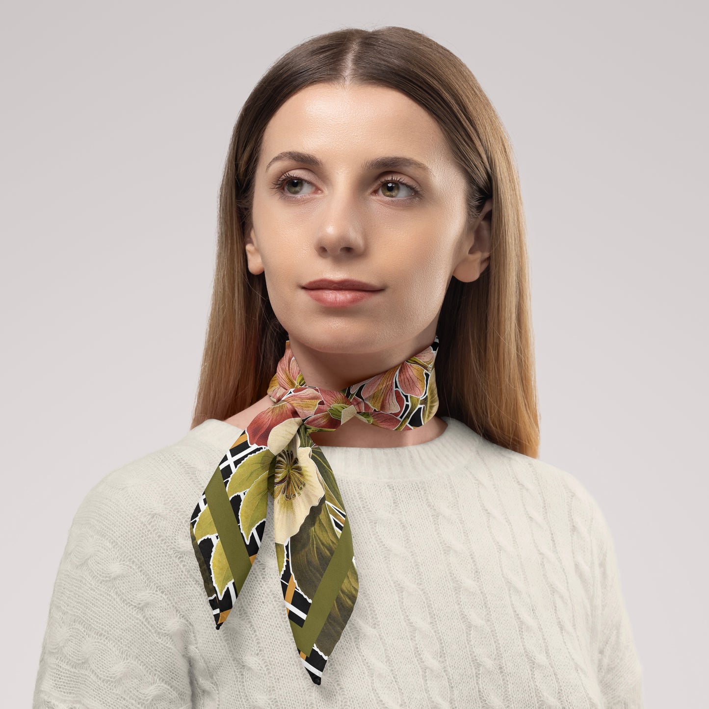 Botanica Plaid No. 1 Chiffon Square Scarf with Green Accent