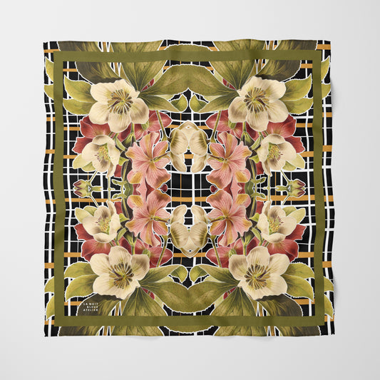 Botanica Plaid No. 1 Chiffon Square Scarf with Green Accent
