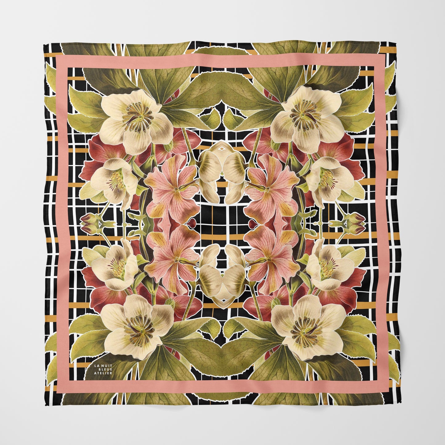 Botanica Plaid No. 1 Chiffon Square Scarf with Soft Pink Accent