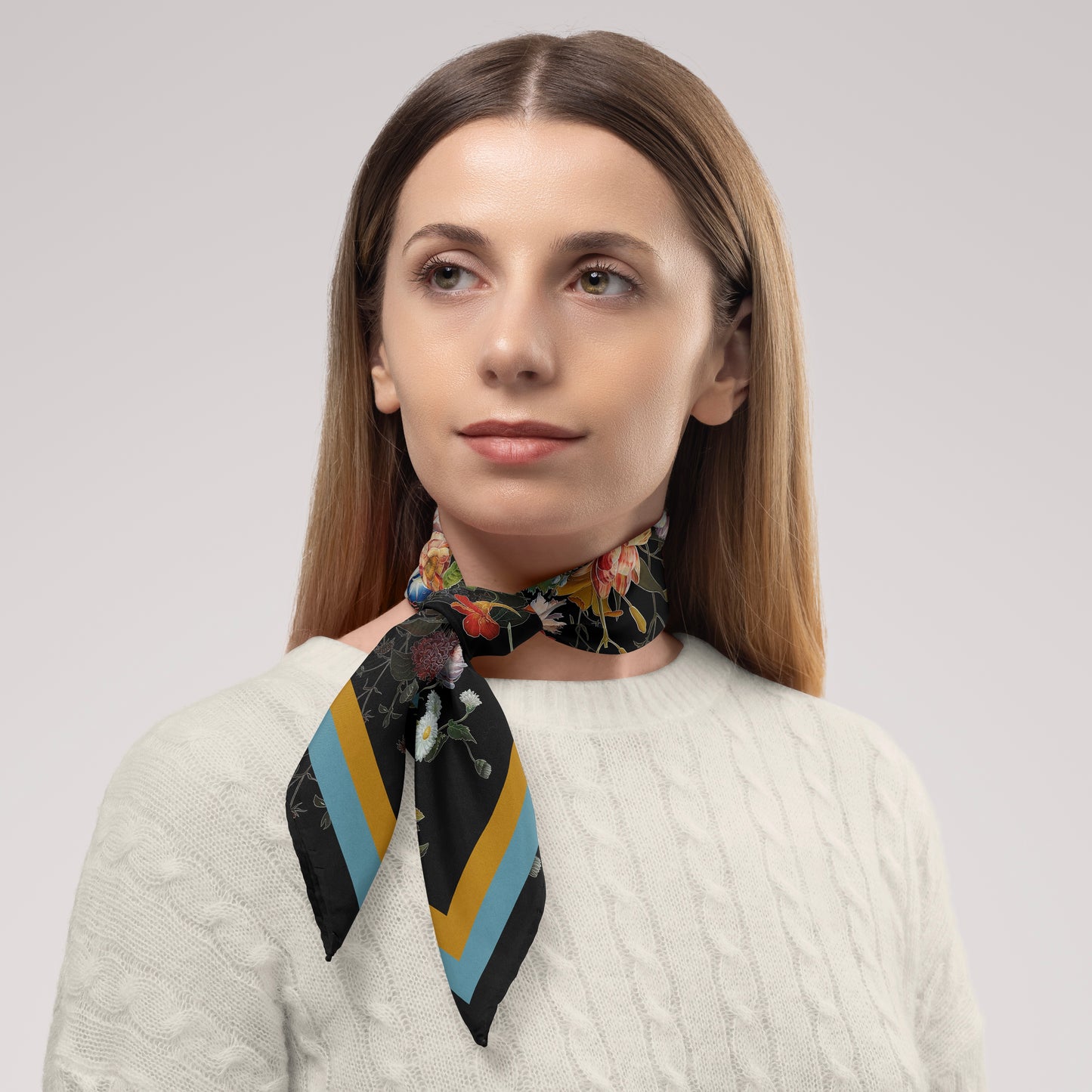 Dutch Redux No. 1 Chiffon Square Scarf with Gold + Pale Blue Accent Accent