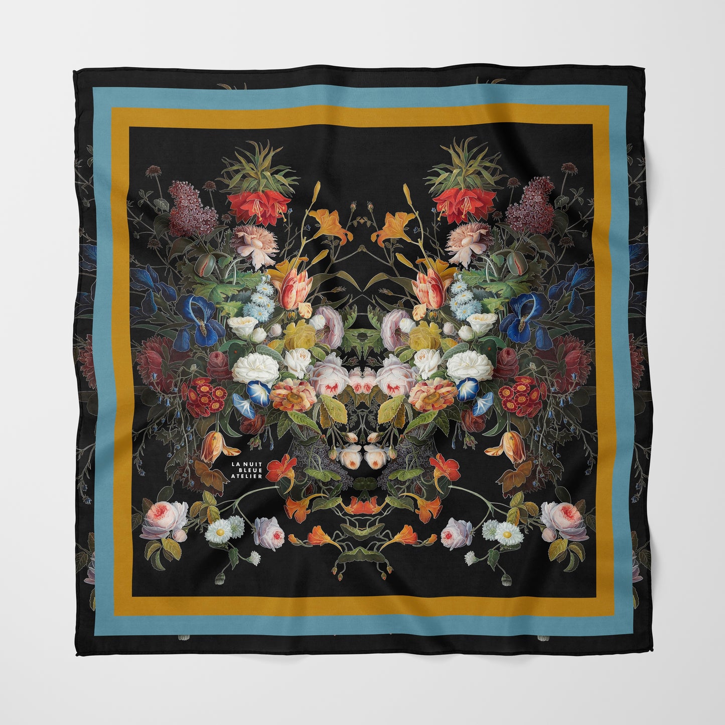 Dutch Redux No. 1 Chiffon Square Scarf with Gold + Pale Blue Accent Accent
