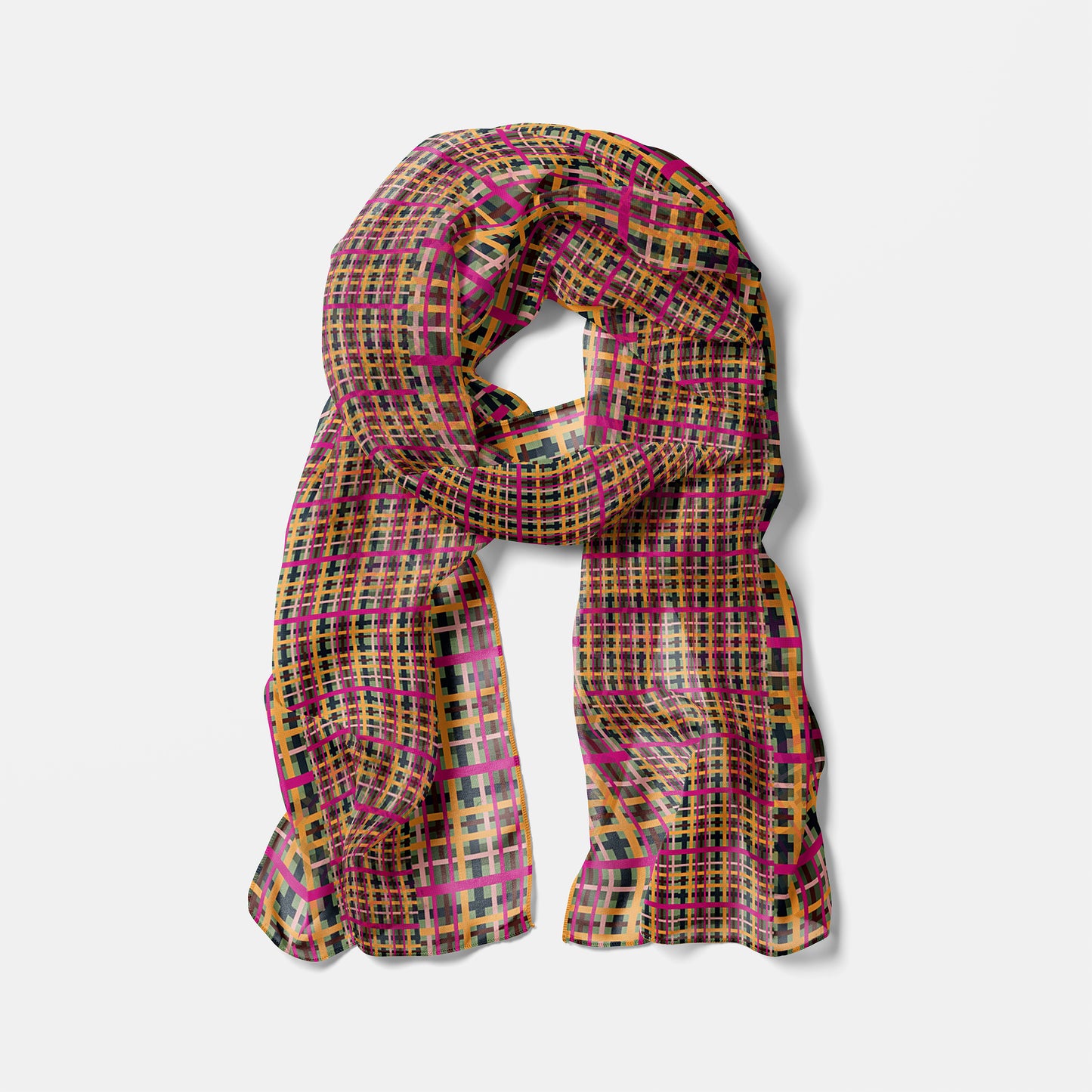 Fuchsia Plaid Chiffon Long Scarf