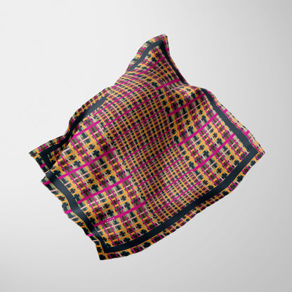 Fuchsia Plaid Chiffon Square Scarf with Black Accent