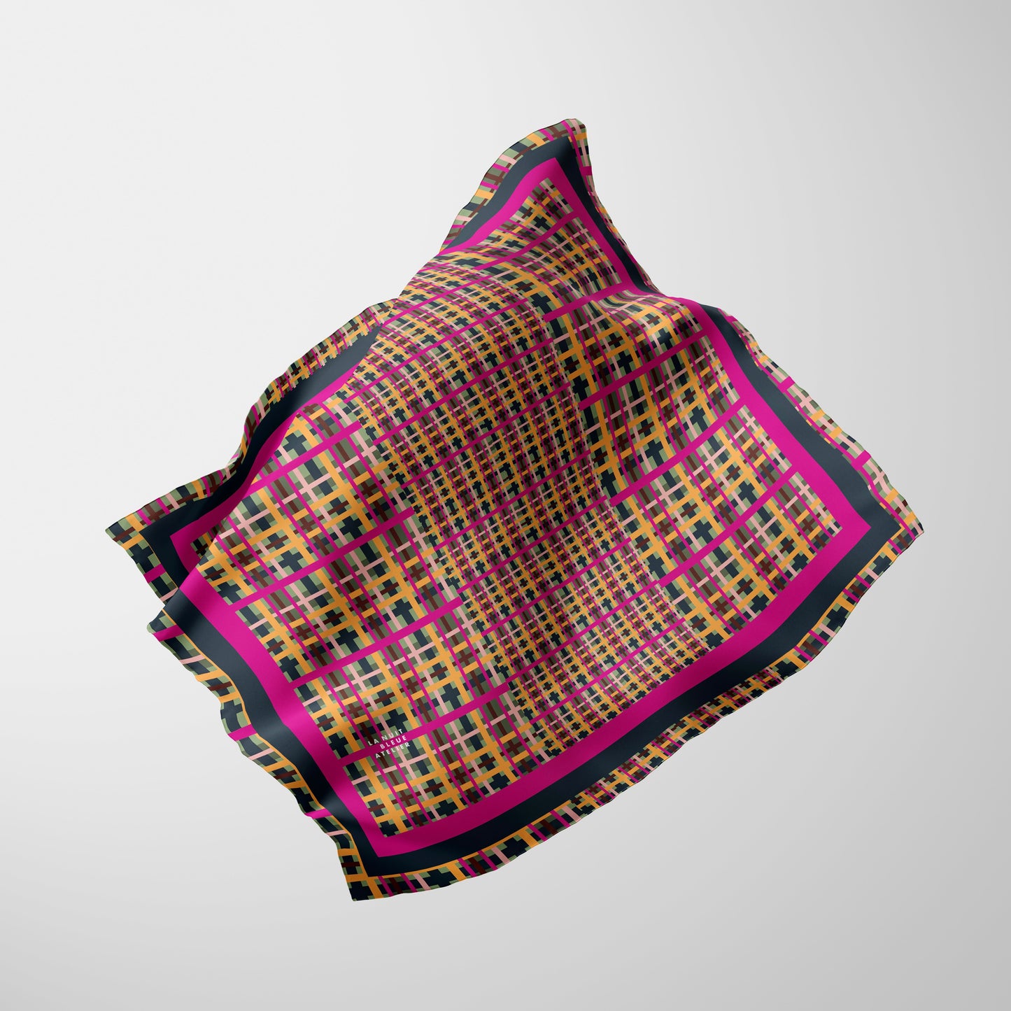 Fuchsia Plaid Chiffon Square Scarf with Black + Fuchsia Accent
