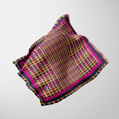 Fuchsia Plaid Chiffon Square Scarf with Black + Fuchsia Accent