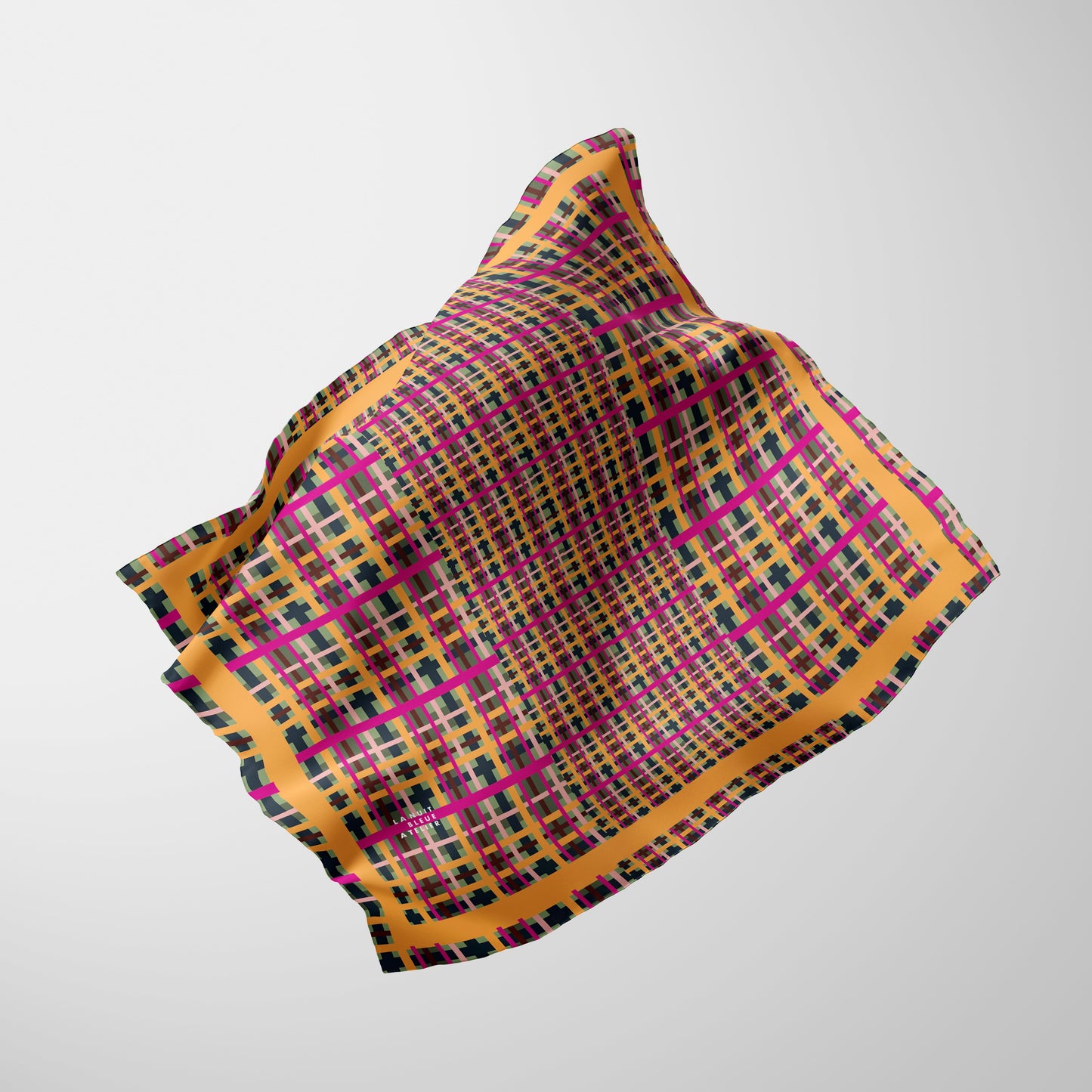 Fuchsia Plaid Chiffon Square Scarf with Yellow Accent