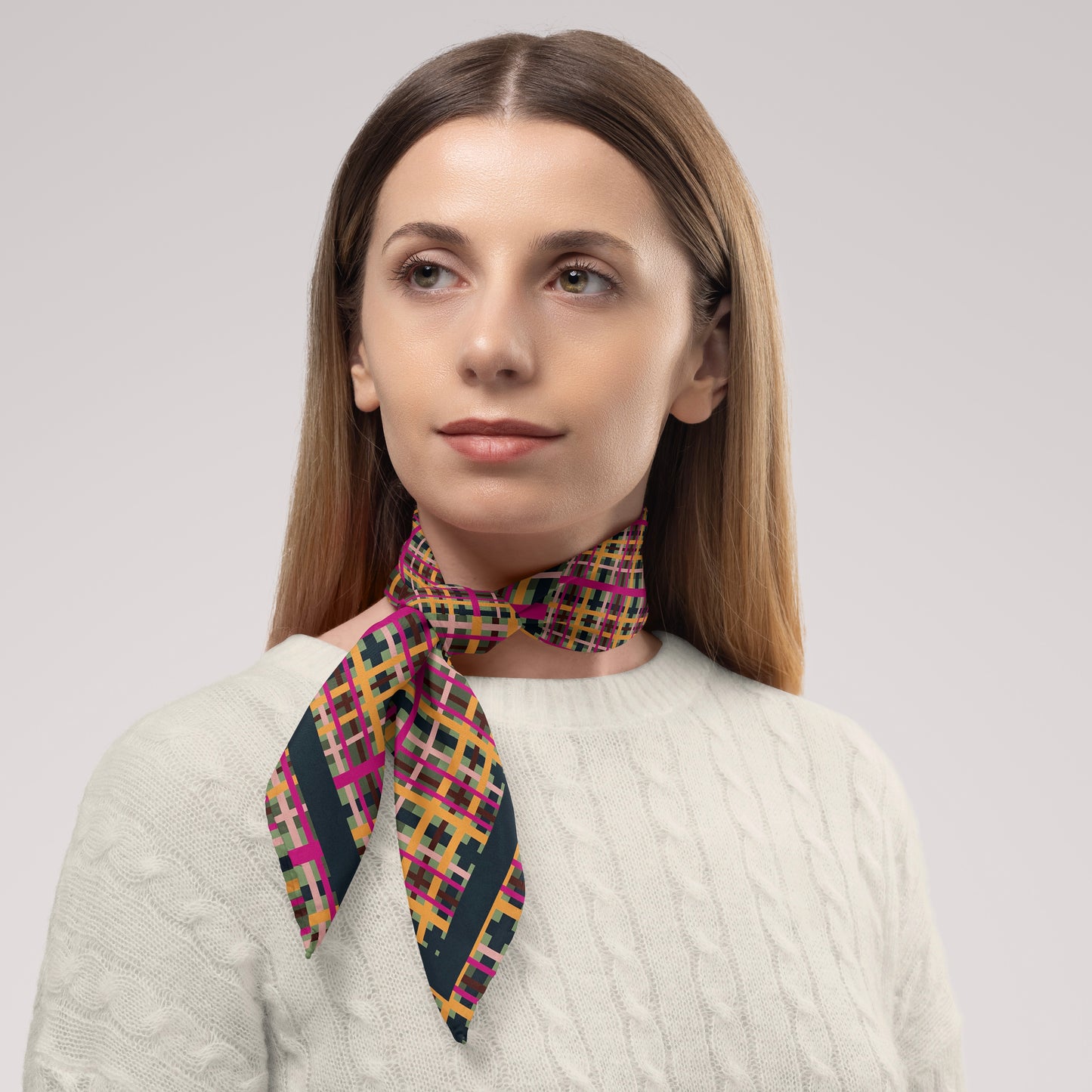 Fuchsia Plaid Chiffon Square Scarf with Black Accent