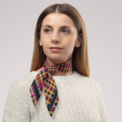 Fuchsia Plaid Chiffon Square Scarf with Black Accent
