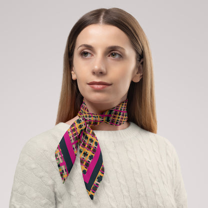 Fuchsia Plaid Chiffon Square Scarf with Black + Fuchsia Accent