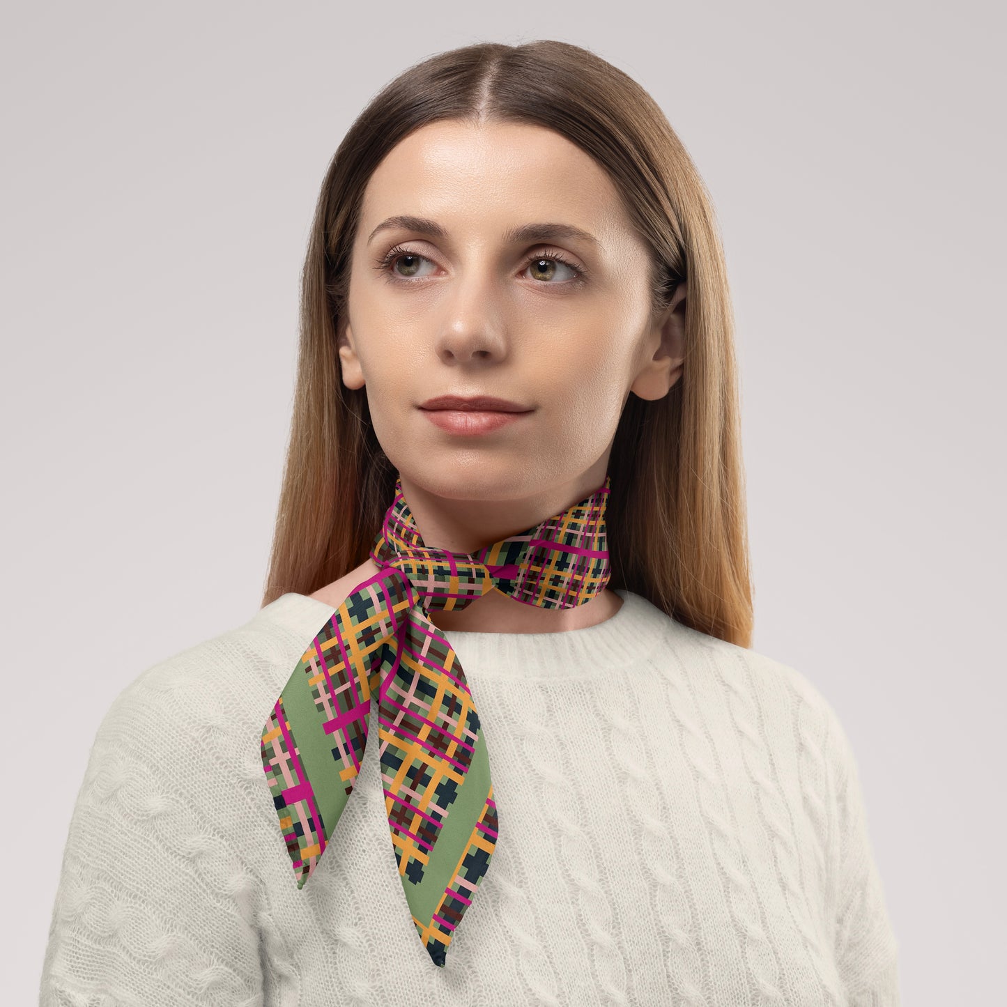 Fuchsia Plaid Chiffon Square Scarf with Green Accent