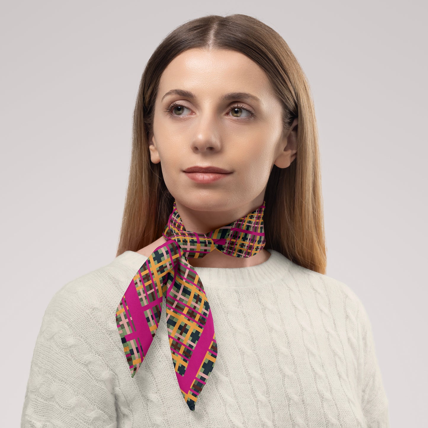 Fuchsia Plaid Chiffon Square Scarf with Fuchsia Accent