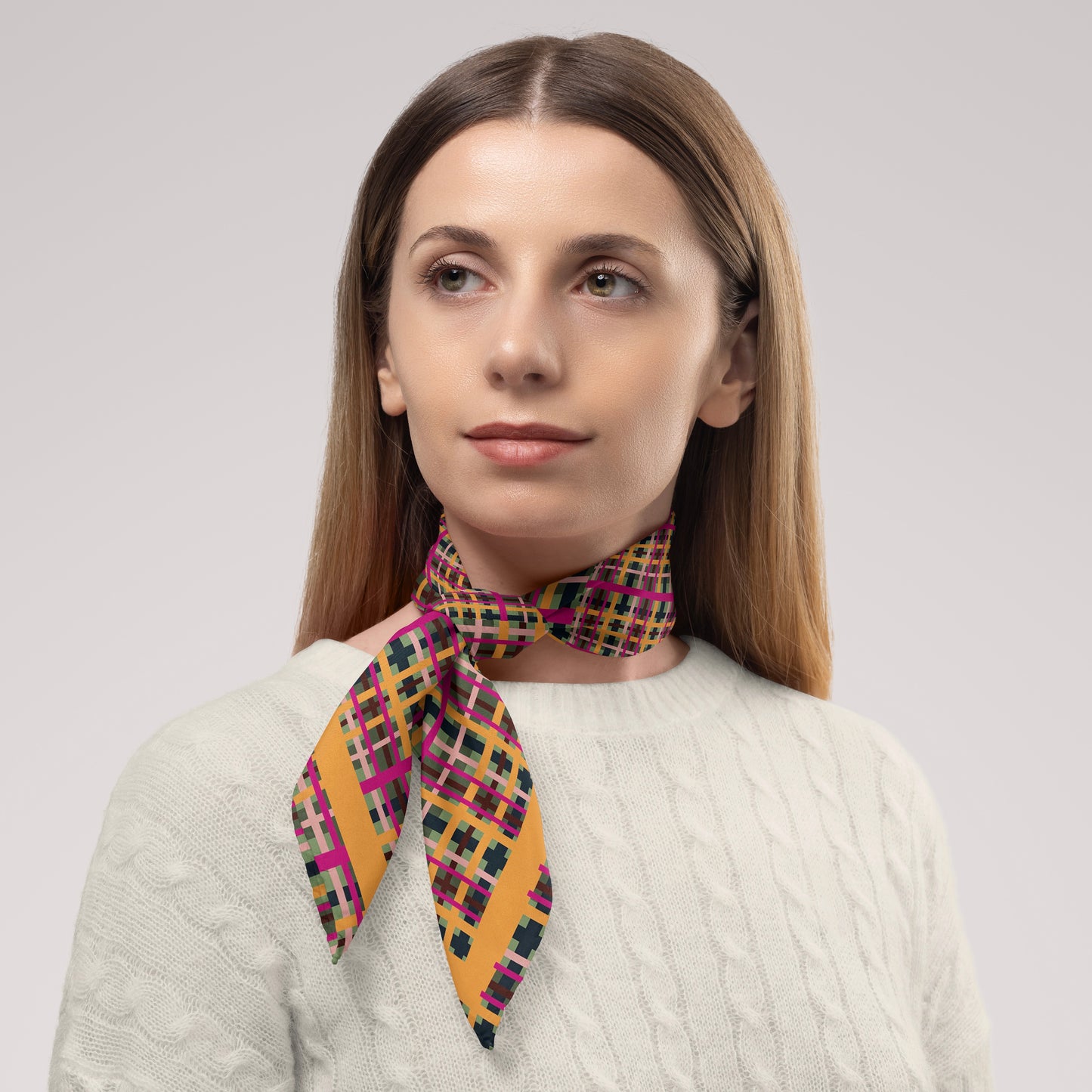 Fuchsia Plaid Chiffon Square Scarf with Yellow Accent
