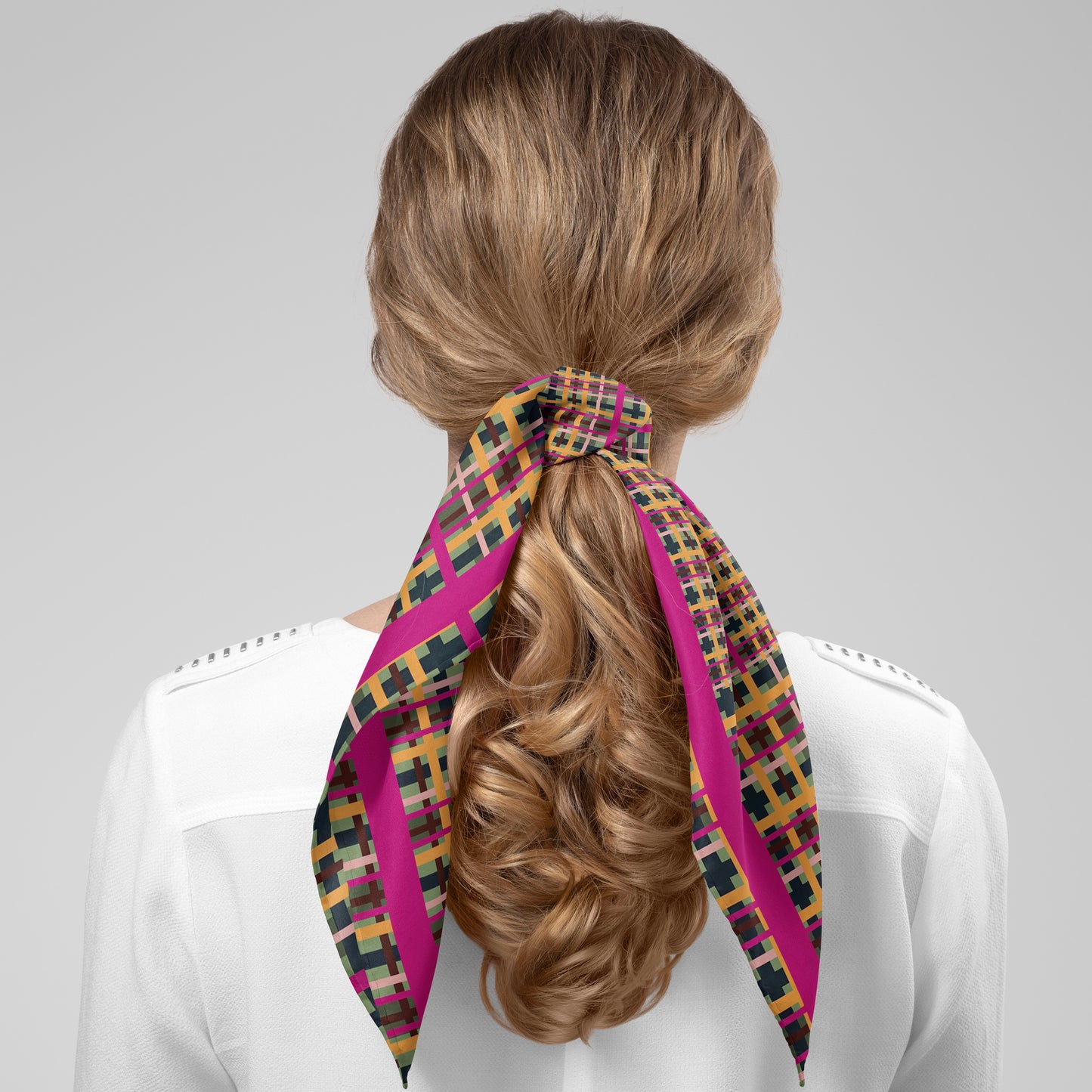 Fuchsia Plaid Chiffon Square Scarf with Fuchsia Accent