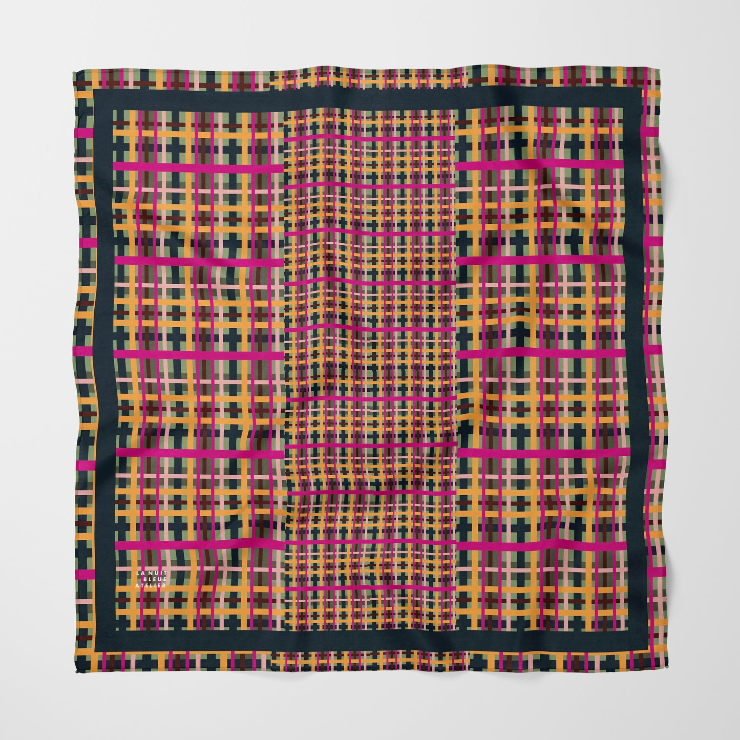 Fuchsia Plaid Chiffon Square Scarf with Black Accent