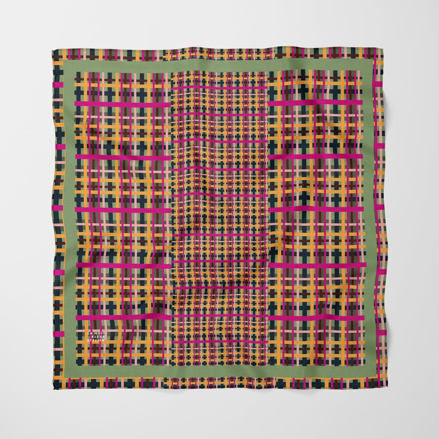 Fuchsia Plaid Chiffon Square Scarf with Green Accent