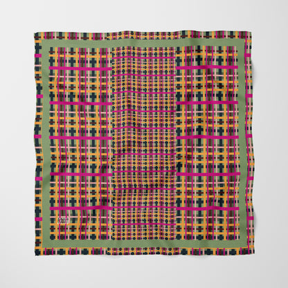 Fuchsia Plaid Chiffon Square Scarf with Green Accent