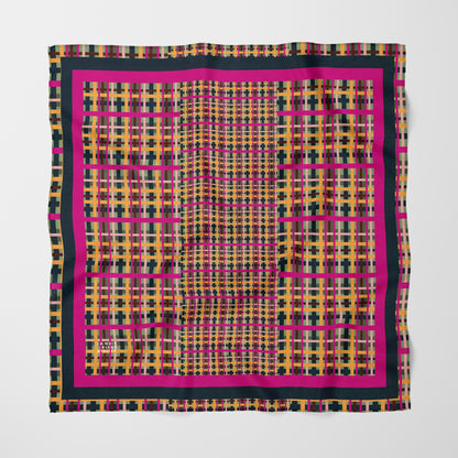 Fuchsia Plaid Chiffon Square Scarf with Black + Fuchsia Accent