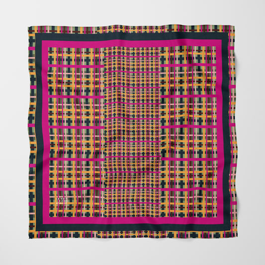 Fuchsia Plaid Chiffon Square Scarf with Black + Fuchsia Accent