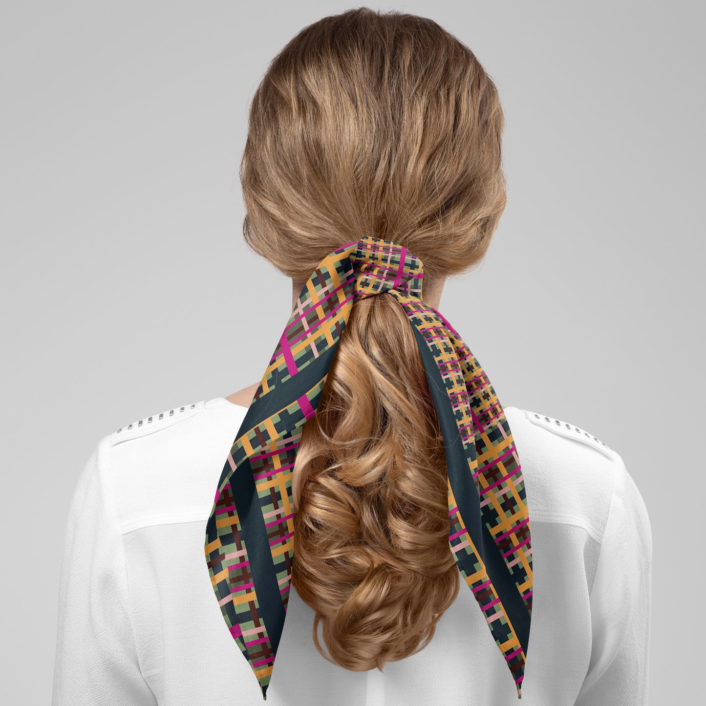Fuchsia Plaid Chiffon Square Scarf with Black Accent