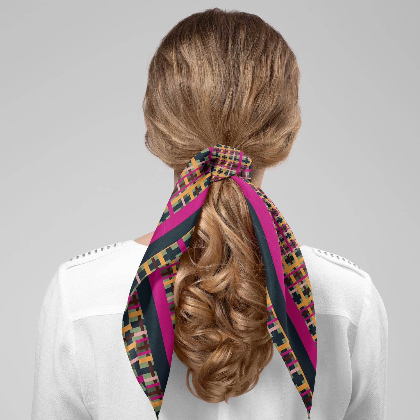 Fuchsia Plaid Chiffon Square Scarf with Black + Fuchsia Accent
