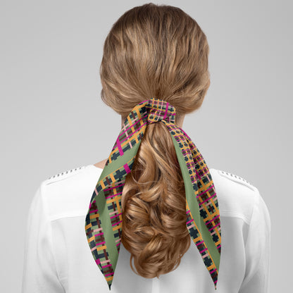 Fuchsia Plaid Chiffon Square Scarf with Green Accent