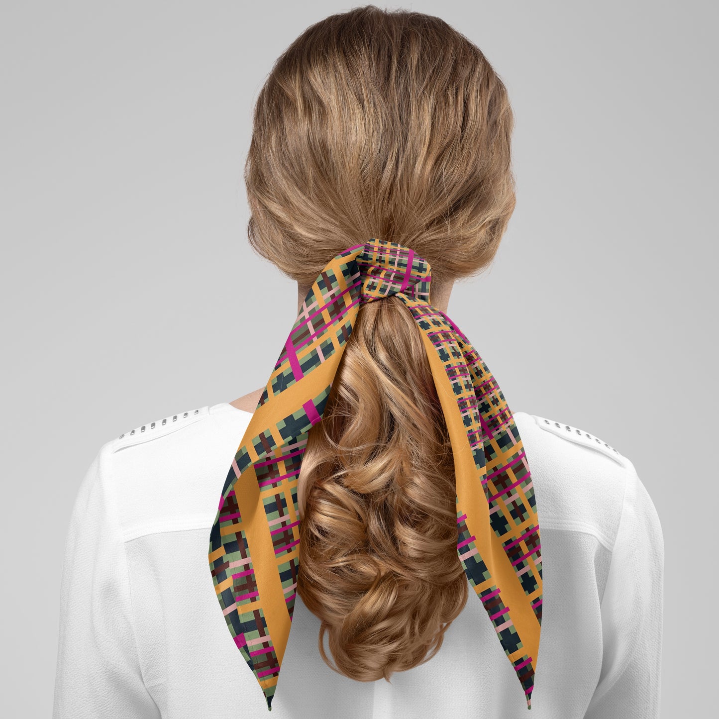 Fuchsia Plaid Chiffon Square Scarf with Yellow Accent