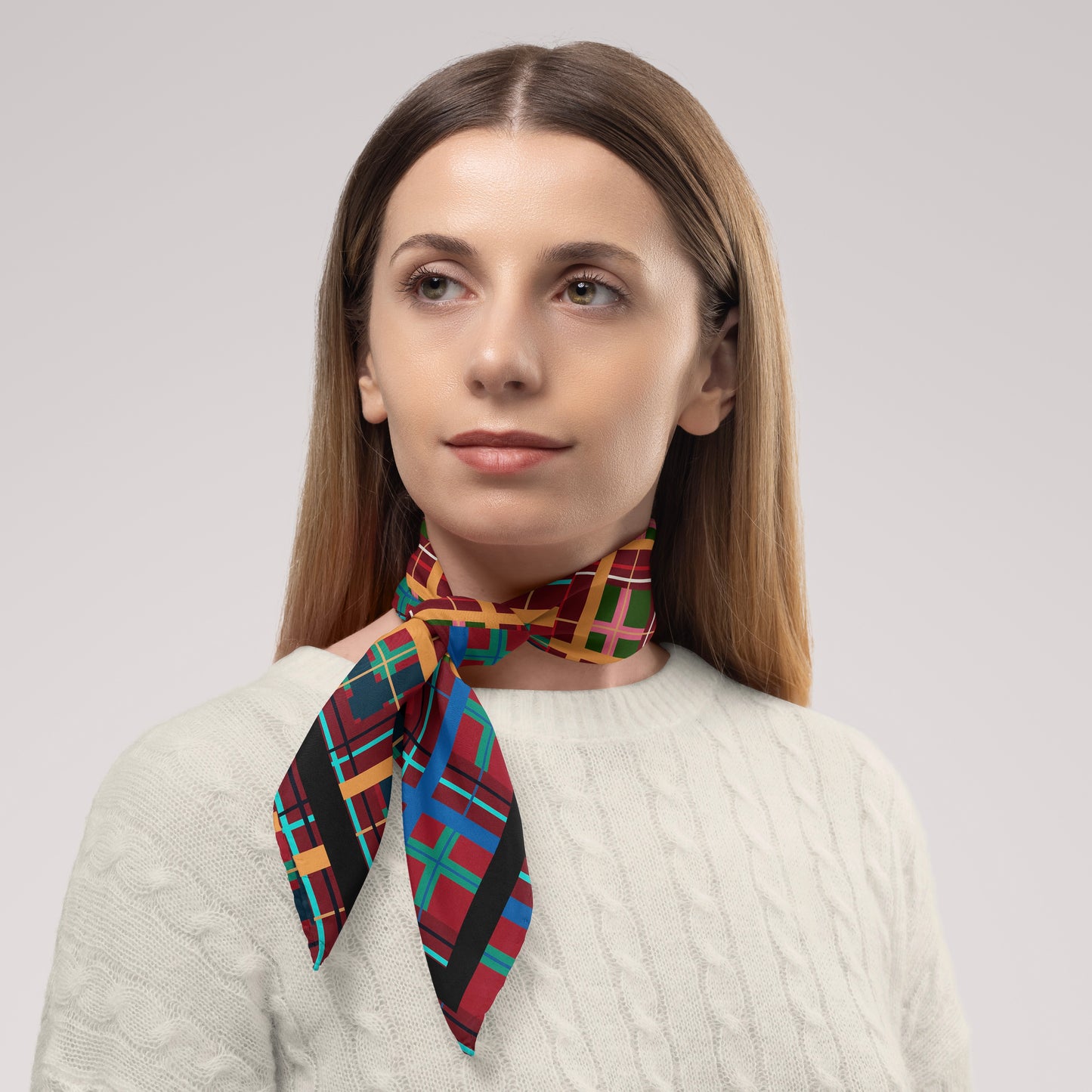 Multi Plaid No. 1 Chiffon Square Scarf with Black Accent