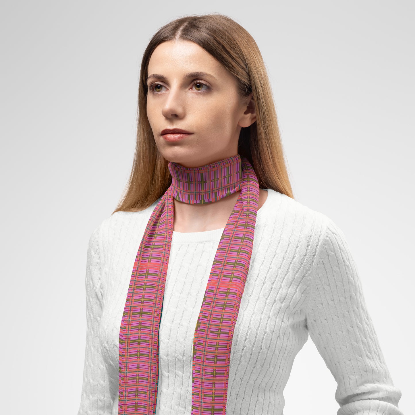 Pink Plaid Chiffon Long Scarf