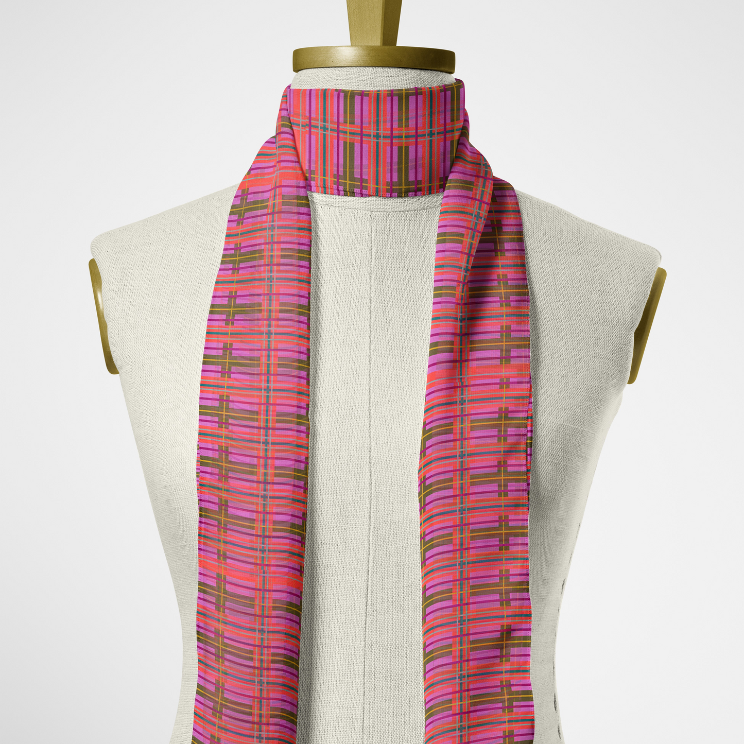 Pink Plaid Chiffon Long Scarf