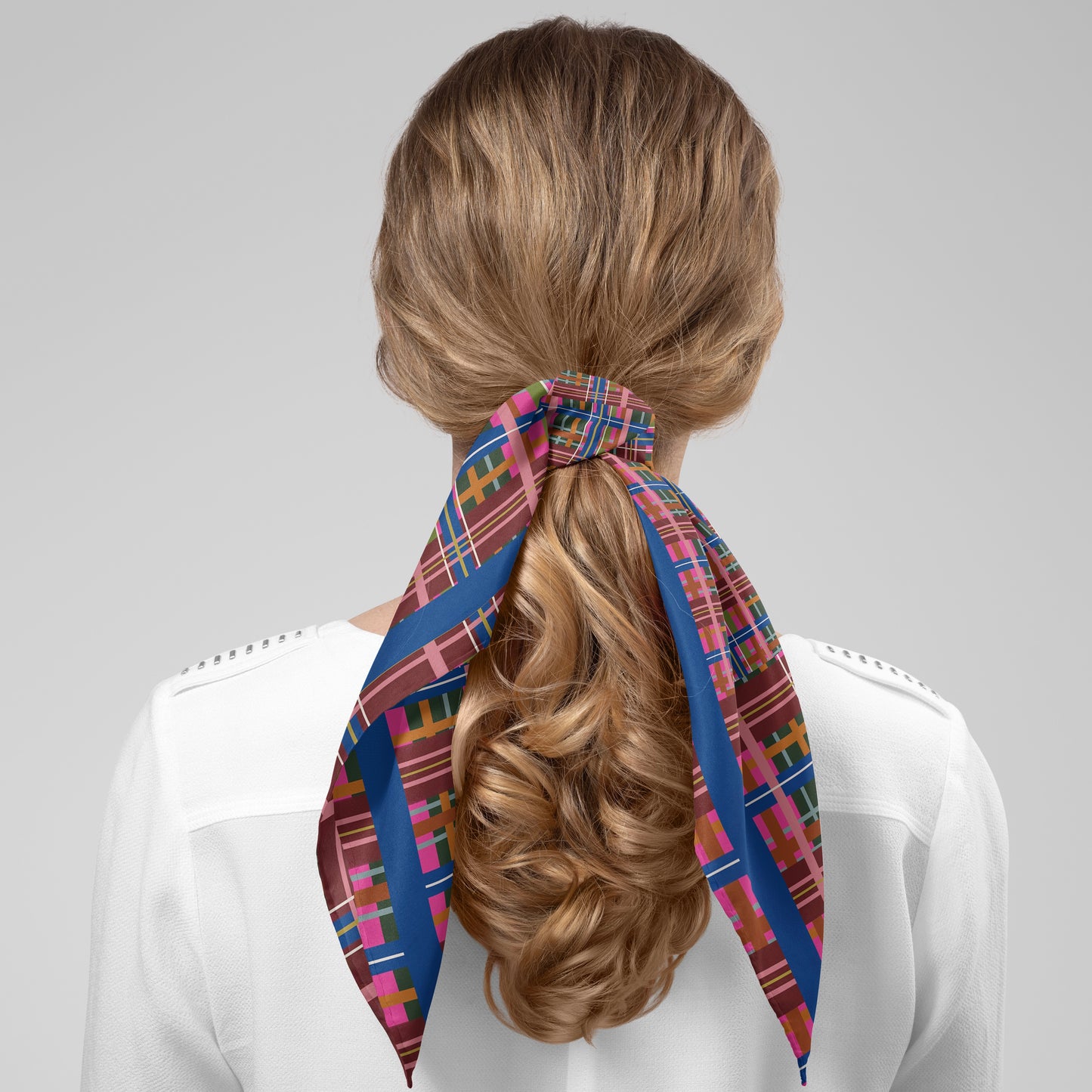 Pinky Blue Plaid Chiffon Square Scarf with Blue Accent