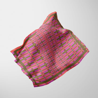 Pink Plaid Chiffon Square Scarf with Green Accent