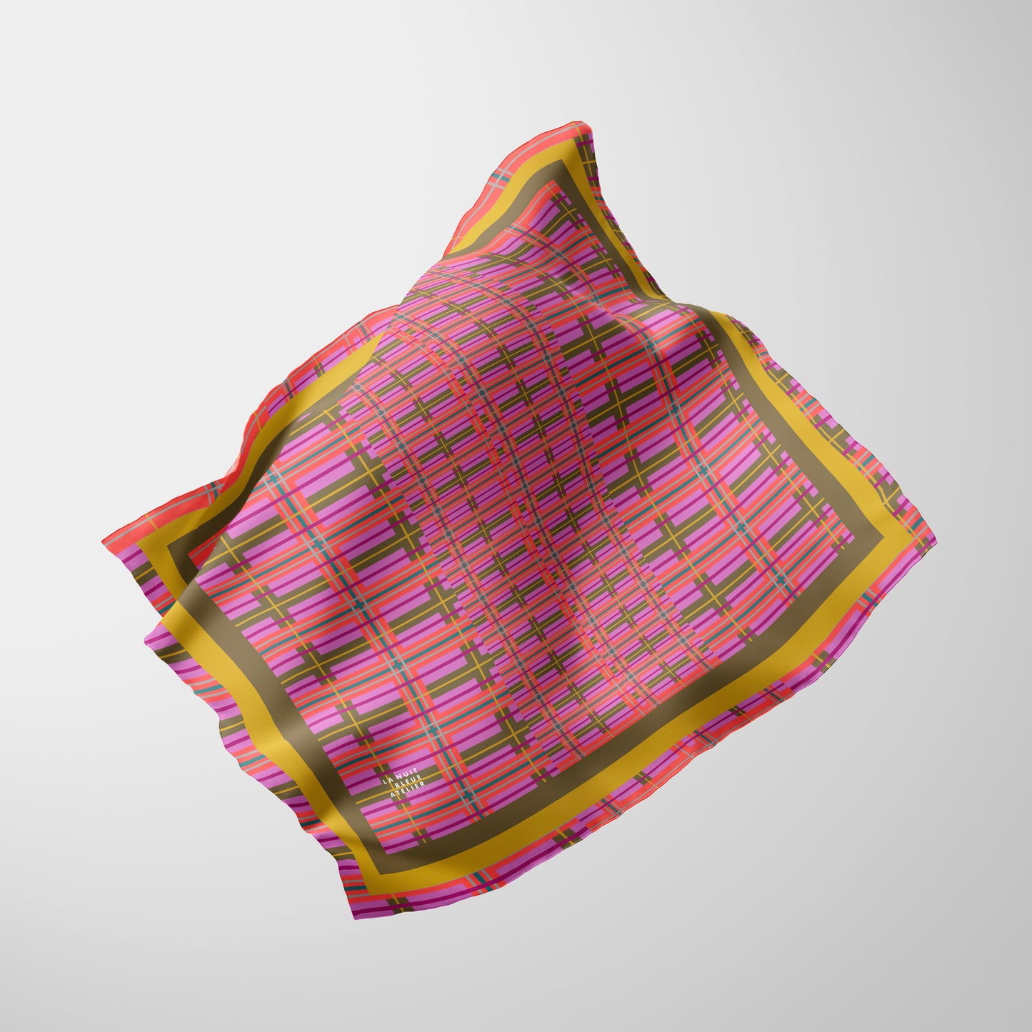 Pink Plaid Chiffon Square Scarf with Yellow + Green Accent