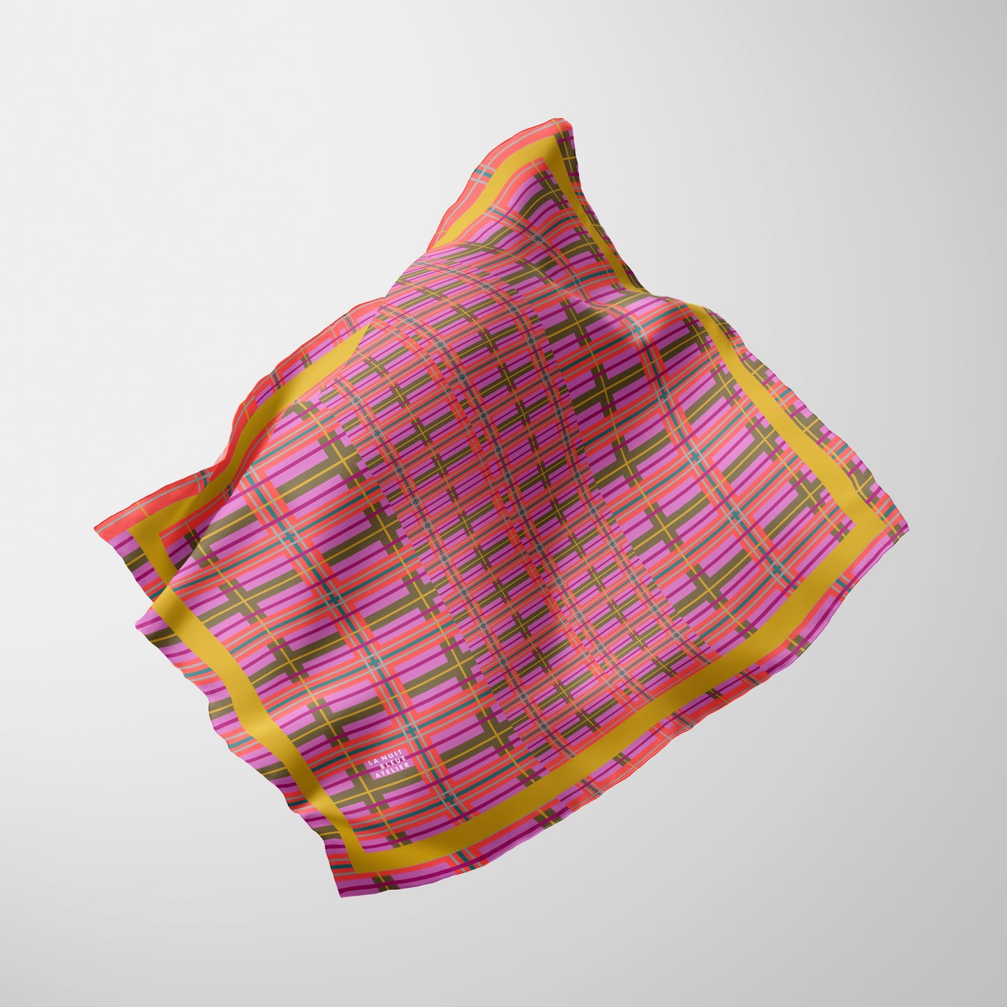 Pink Plaid Chiffon Square Scarf with Yellow Accent