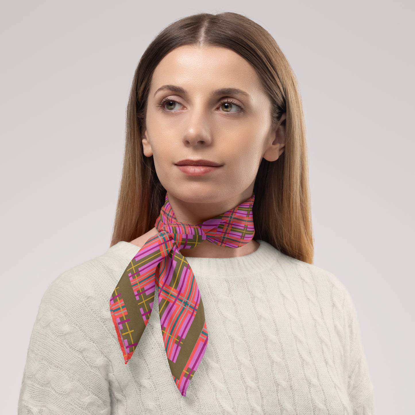 Pink Plaid Chiffon Square Scarf with Green Accent