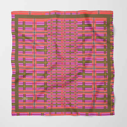 Pink Plaid Chiffon Square Scarf with Green Accent