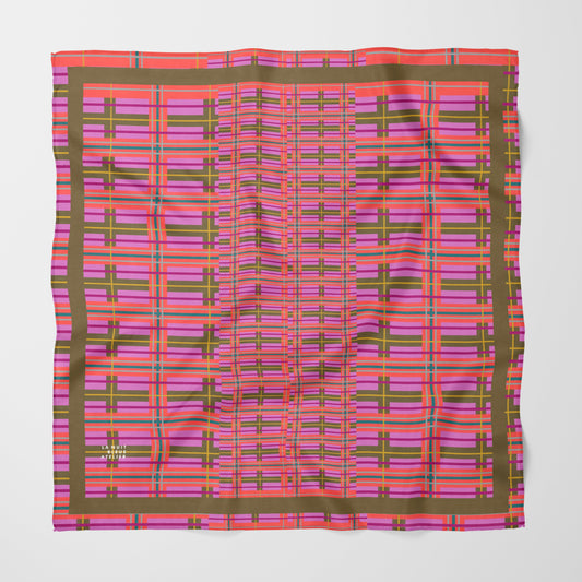 Pink Plaid Chiffon Square Scarf with Green Accent