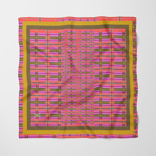 Pink Plaid Chiffon Square Scarf with Yellow + Green Accent