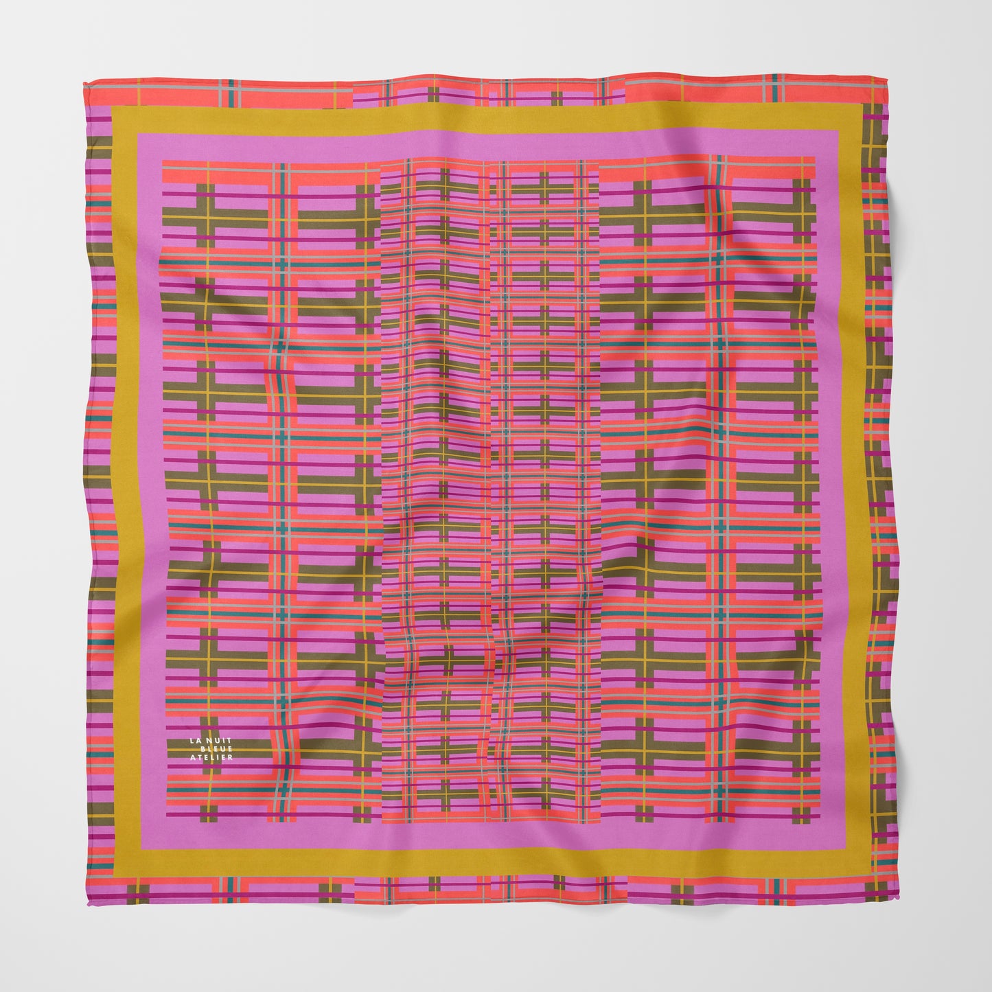 Pink Plaid Chiffon Square Scarf with Yellow + Pink Accent